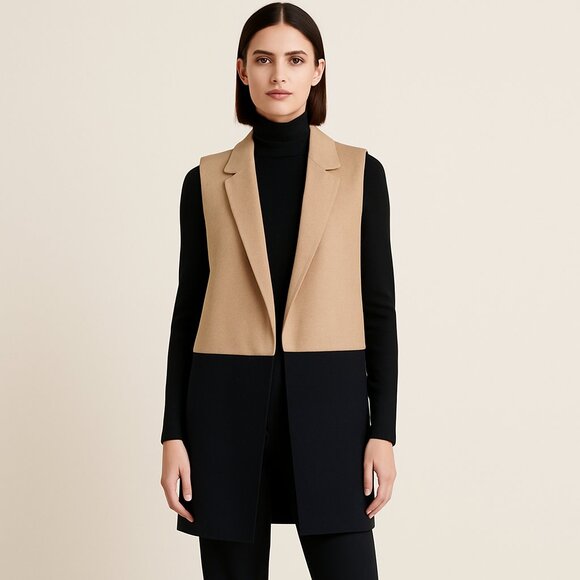 Elle Colorblock Wool Blend Sleeveless Long Vest – Tan & Black Open Front Medium - Picture 1 of 7